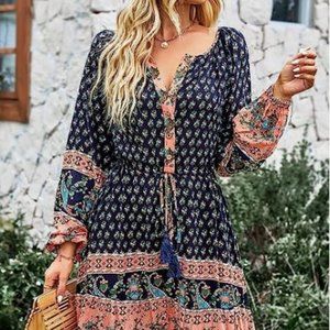 Potany  Boho Dress Mini Floral Retro Long Sleeve V Neck